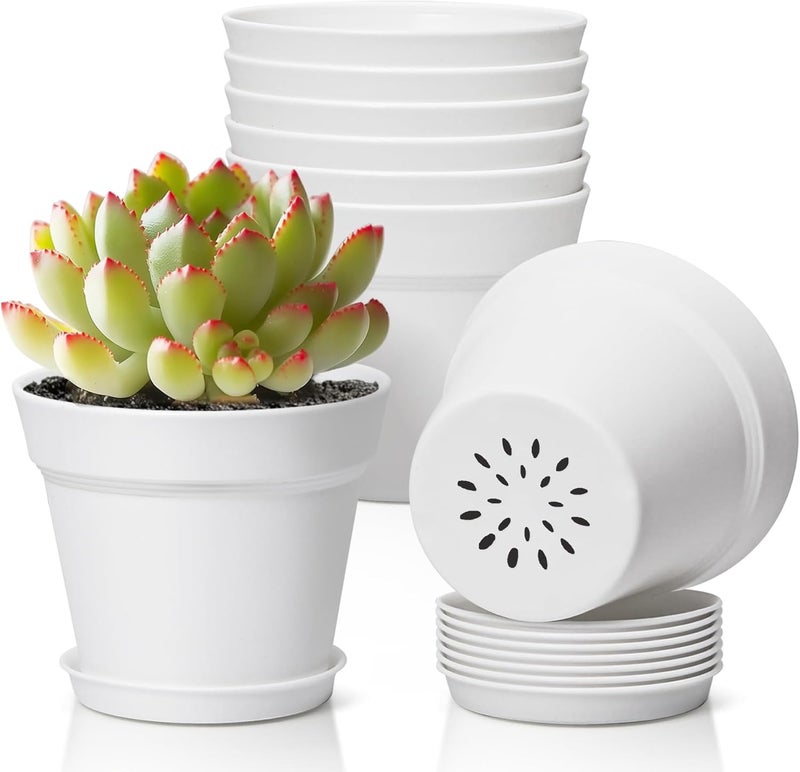T4U 4 Inch Plant Pots 8-Pack, Small Flower Pots with Drainage Hole and Saucer, Decorative Nursery Pot Bulk for African Violet, Snake Plant, Succulent, Herb and Plants Indoor (8 Pcs 4" Pots, White) - Image 1